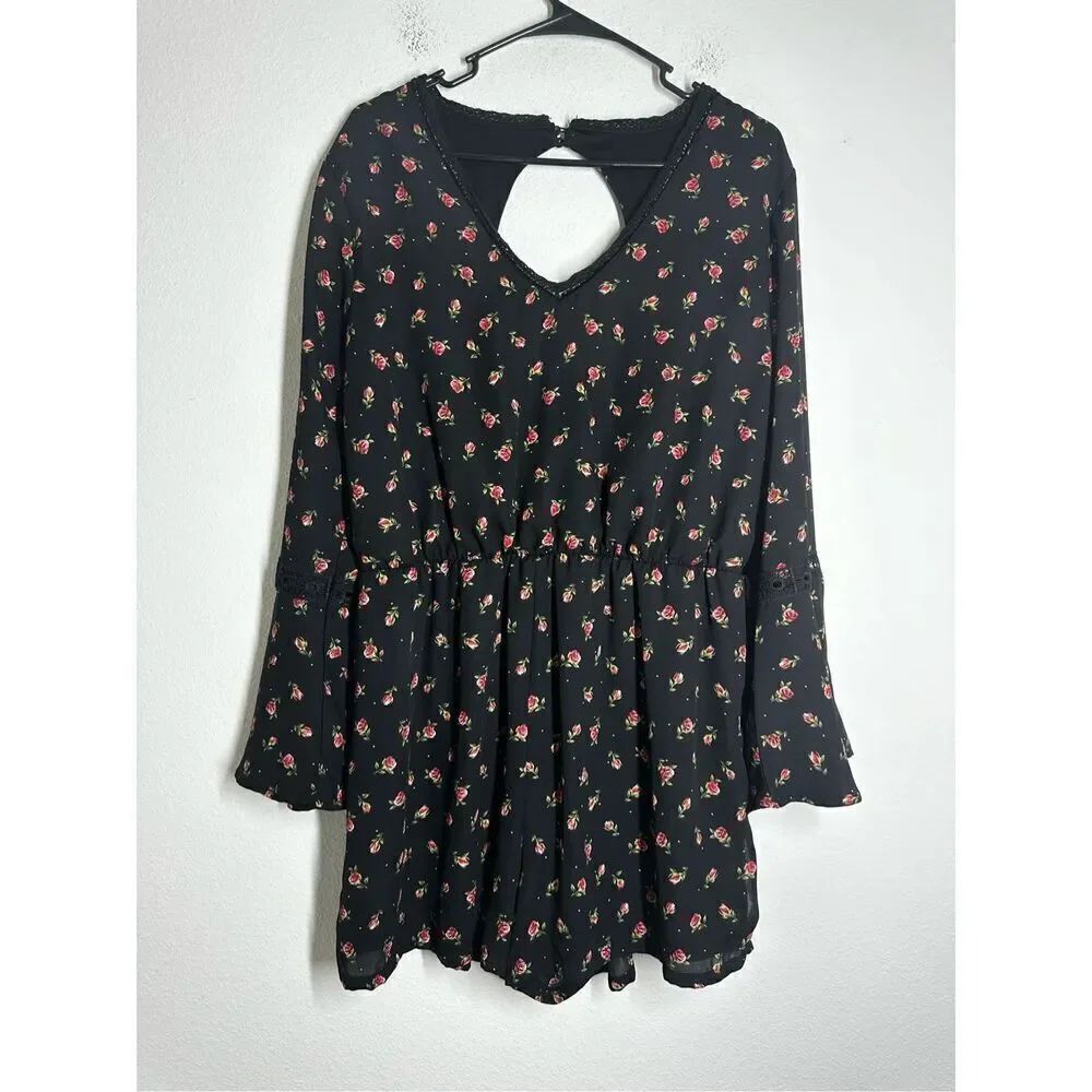 Disney Woman's Princess Romper Size XL Black Floral Print Lined